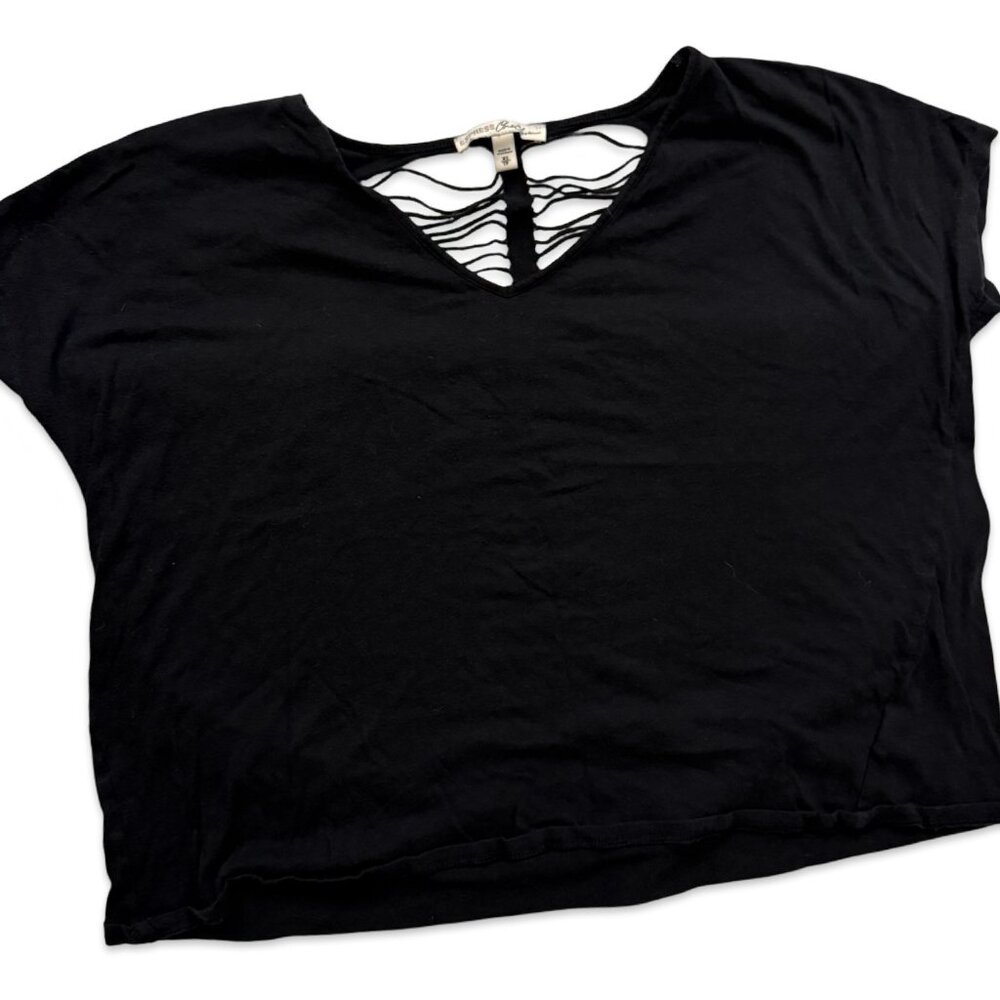 Express One Eleven Black V-Neck Top Open Back Cutout Deconstructed Design - XS